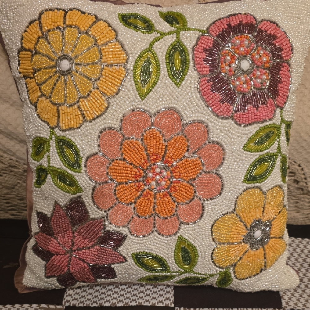 Floral Beaded Cushion Cover - Multicolor